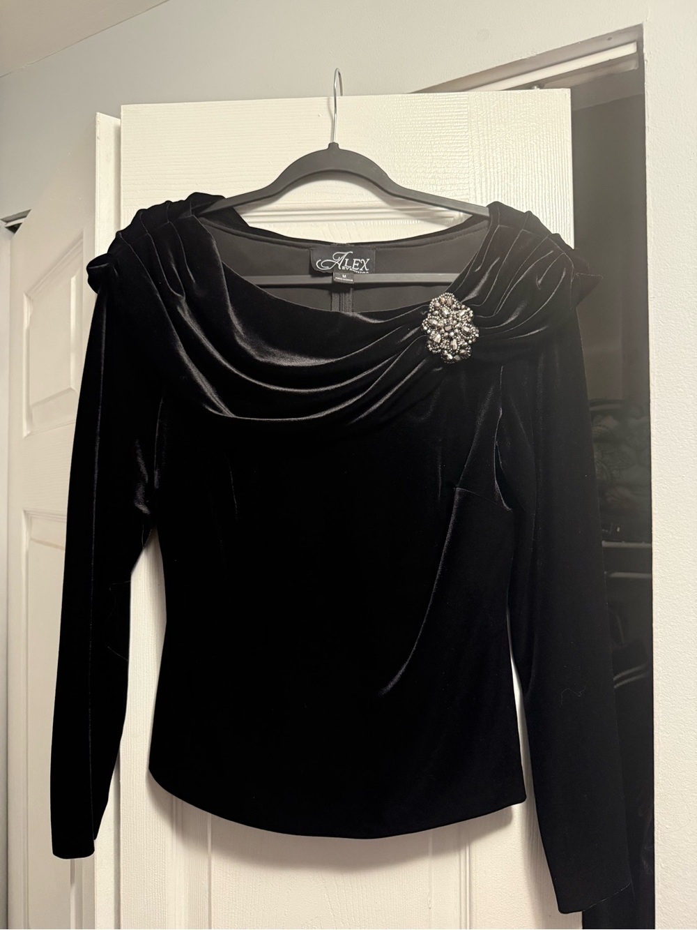 Alex Evenings Black Velvet Cowl Neck Top with Rhinestone Brooch